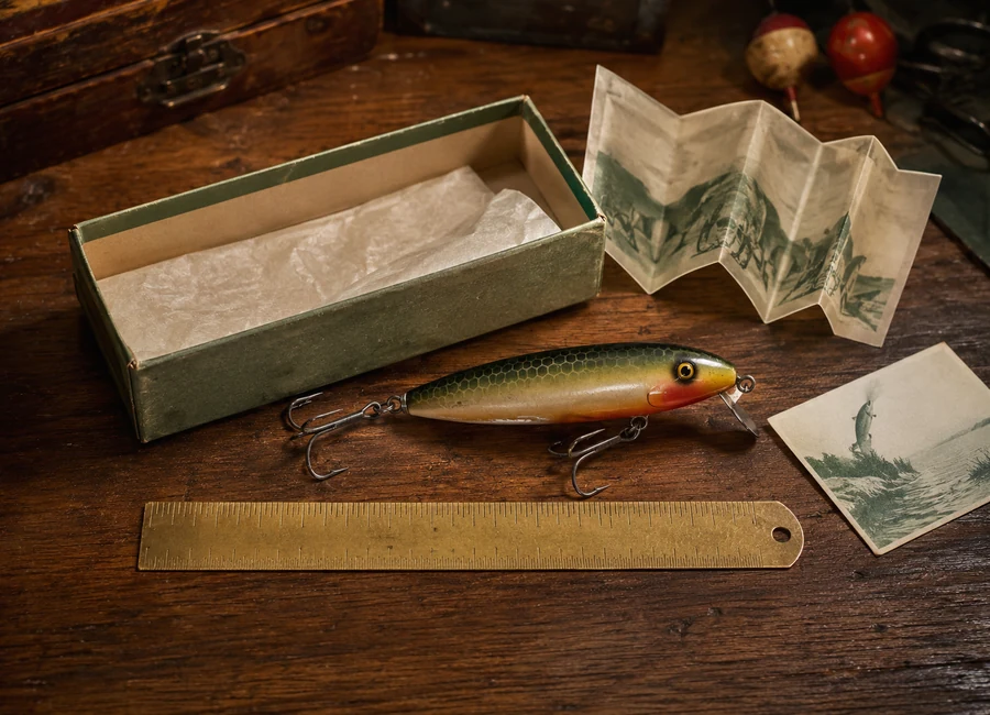 Vintage fishing lure displayed with a period box, insert, and ruler
