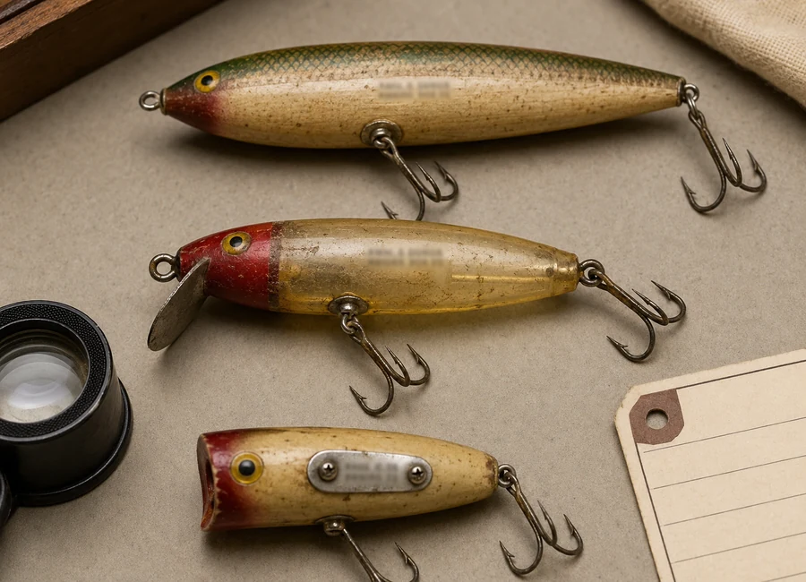 Vintage lures arranged belly-up to compare maker markings and hardware