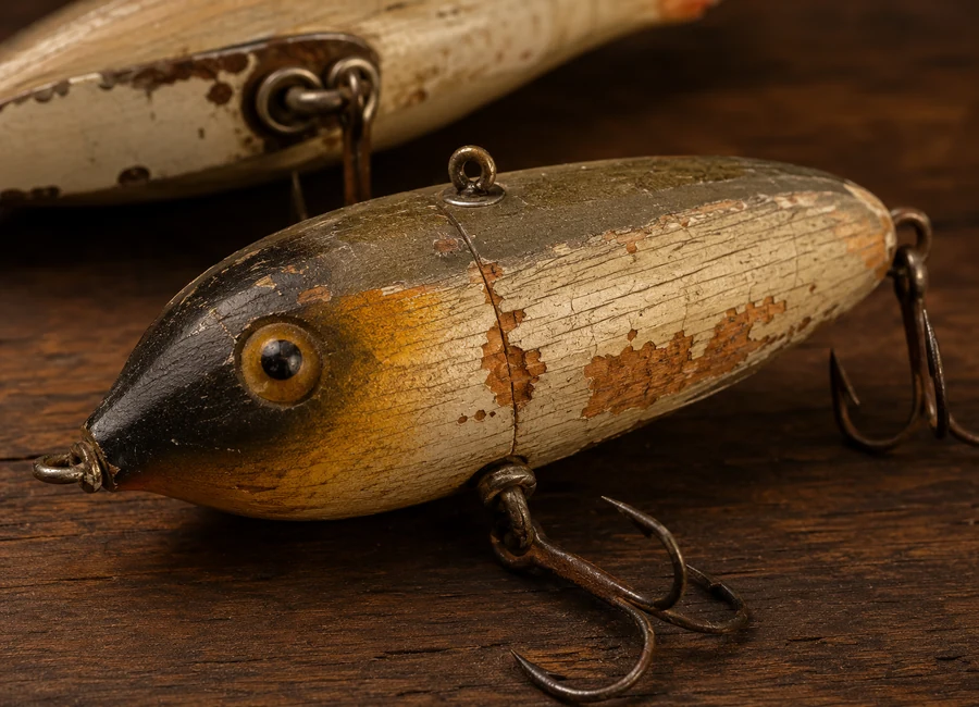 Aged wooden fishing lure with chipped paint revealing wood grain