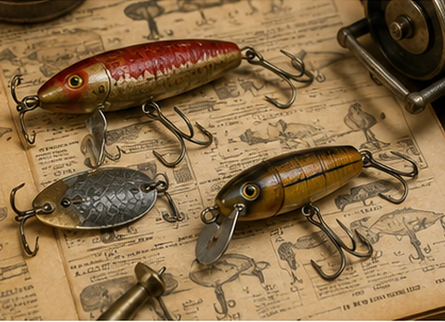 Early Pflueger-style wood and metal antique fishing lures