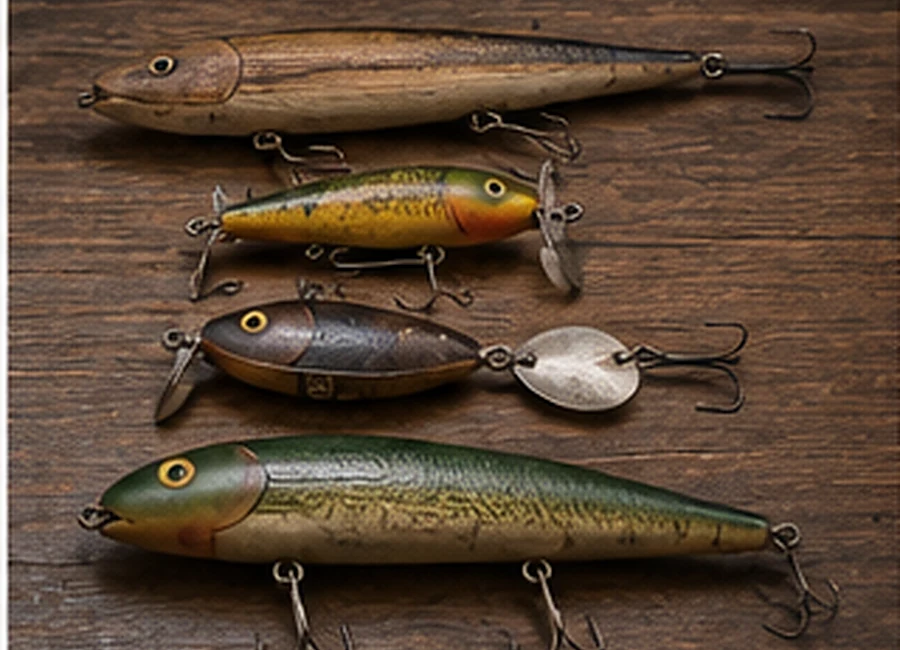 Four unmarked and regional vintage fishing lures showing varied handmade construction